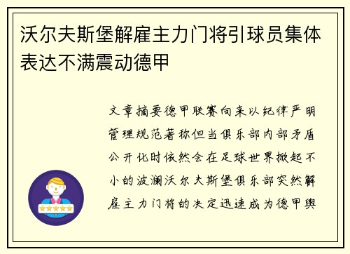 沃尔夫斯堡解雇主力门将引球员集体表达不满震动德甲